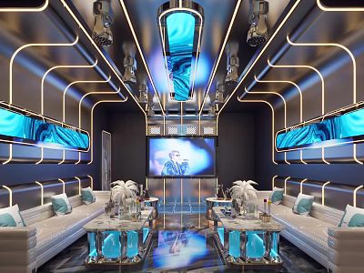 Modern KTV Lounge Interior With Neon Lights Glass Tables Sofa Sets And Large TV Screen 3d model