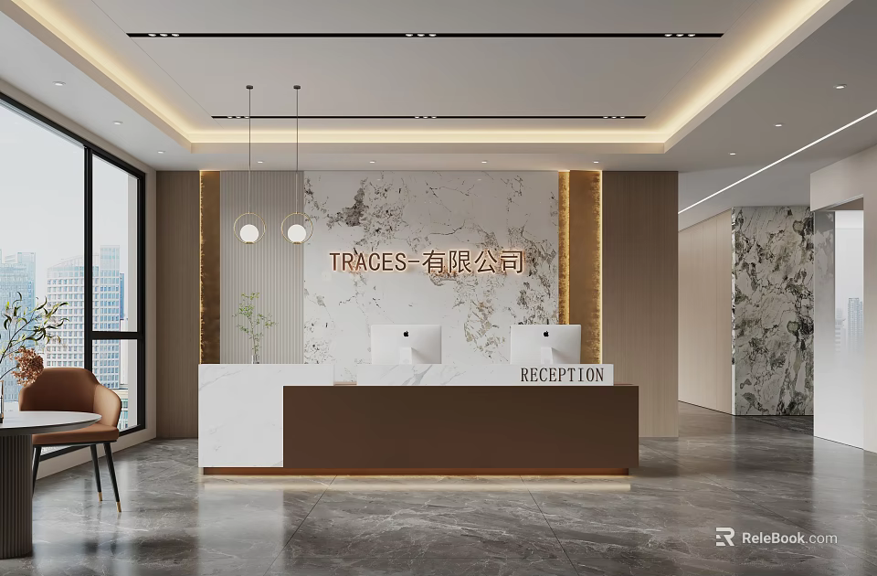 Modern Office Reception Area With White Brown Desk Marble Wall Pendant Lights And Large Windows 3d model 