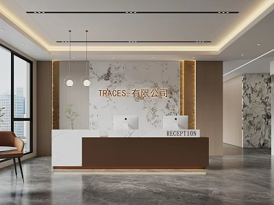 Modern Office Reception Area With White Brown Desk Marble Wall Pendant Lights And Large Windows 3d model