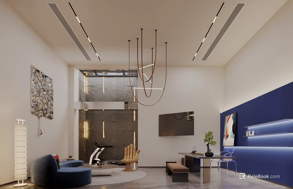 Modern Basement Interior With Blue Sofa Fitness Equipment And Chandelier 3d model 