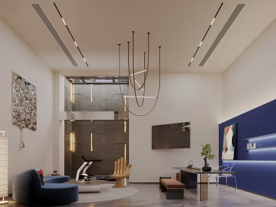 Modern Basement Interior With Blue Sofa Fitness Equipment And Chandelier 3d model
