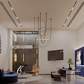 Modern Basement Interior With Blue Sofa Fitness Equipment And Chandelier