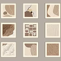 Nine Framed Abstract Paintings with Geometric Patterns and Neutral Tones on Wall