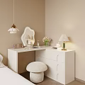 White Dressing Table With Scalloped Mirror Green Lamp Pink Flowers And Fuzzy Stool