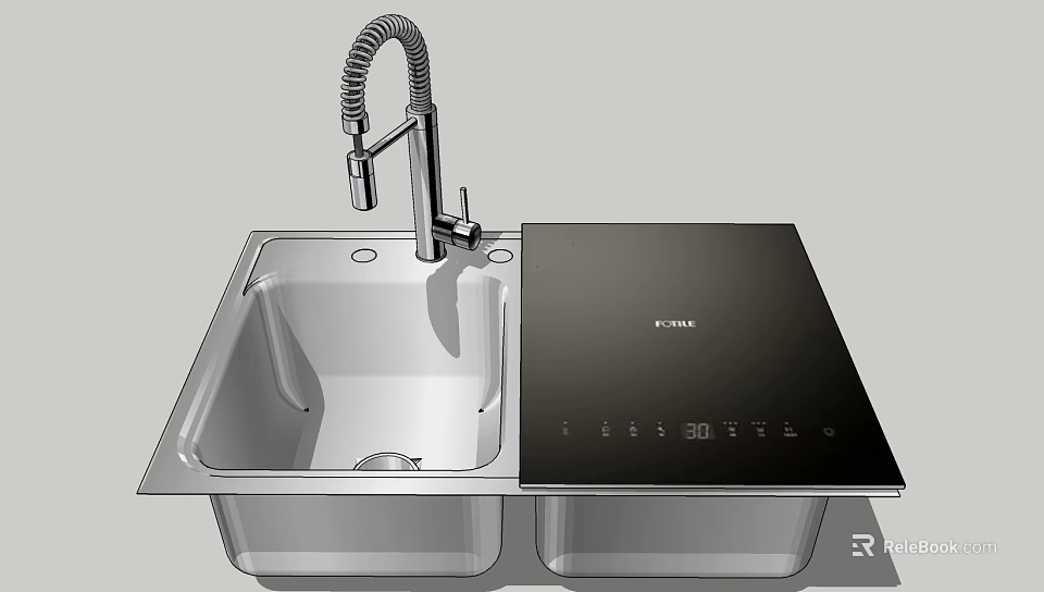 Modern Kitchen Sink With Pull Out Faucet And Black Countertop Control Panel 3d model