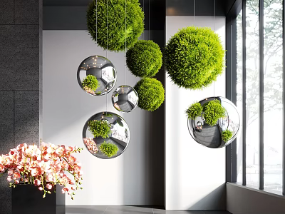 Modern Indoor Landscape Design with Hanging Greenery Balls Round Mirrors and Pink Flower Arrangement 3d model