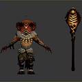 Fantasy Lizard Character In Red Orange Armor With Flaming Staff And Scaly Texture