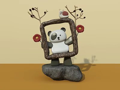Interactive Area With Panda Holding Frame Decorated By Branches And Flowers On Stone Base 3d model