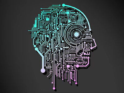 Circuit Board Line Art Design With Human Head Silhouette And Neon Green Pink Tones 3d model