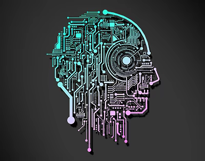 Circuit Board Line Art Design With Human Head Silhouette And Neon Green Pink Tones 3d model