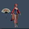 Fantasy Fox Spirit Character With Fox Ears Tail In Traditional Attire Holding Fan 3d model