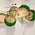 Modern Wall Decor Featuring Circular Woven Elements Green Plants Branches And Vines 3d model