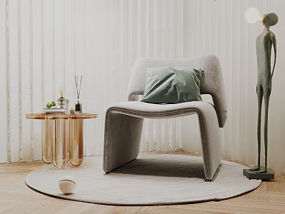 Gray Leisure Chair With Green Cushion On Round Rug By Side Table And Floor Lamp 3d model