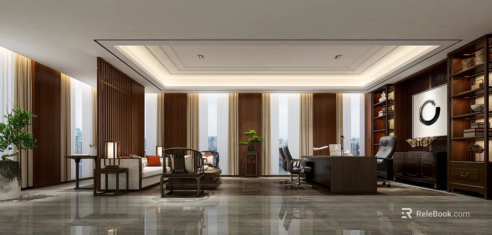 Modern Spacious Office Interior With Wooden Desk Office Chair Green Plant And Bookshelf 3d model 