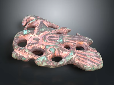 Ancient Copper Sculpture Carving With Intricate Hollowed Patterns And Green Patina 3d model