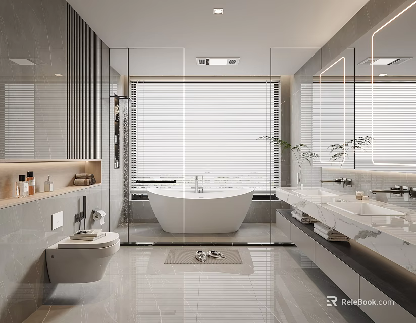 Modern Bathroom With Glass Partition Bathtub Marble Countertop Double Sinks Mirror Walls And Window Blinds 3d model 
