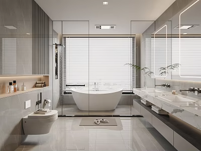 Modern Bathroom With Glass Partition Bathtub Marble Countertop Double Sinks Mirror Walls And Window Blinds 3d model