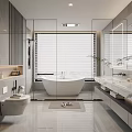 Modern Bathroom With Glass Partition Bathtub Marble Countertop Double Sinks Mirror Walls And Window Blinds