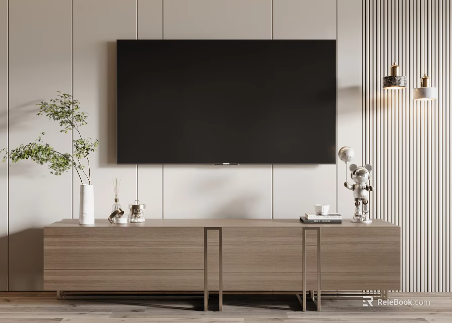 Modern Wooden TV Stand With Wall Mounted Television And Decorative Plants In Living Room 3d model 