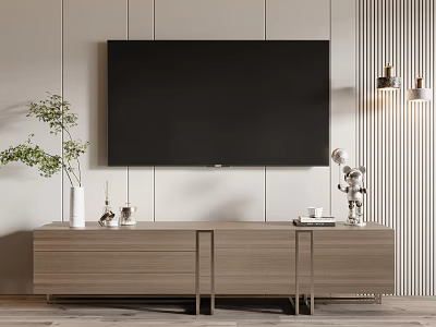 Modern Wooden TV Stand With Wall Mounted Television And Decorative Plants In Living Room 3d model