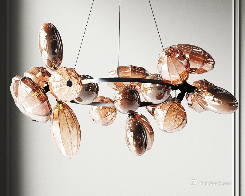Elegant Modern Chandelier With Copper Petal Shaped Translucent Hanging Decorative Design 3d model 