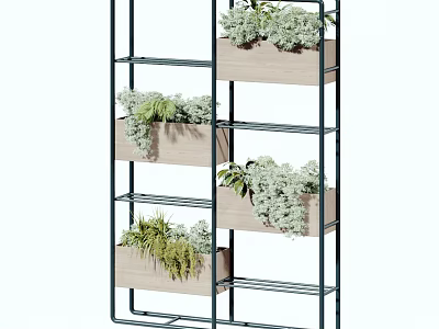 Stylish Potted Plants Display With Metal Shelf And Wooden Planters For Home Decor 3d model