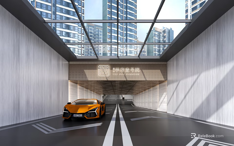Modern Luxury Residential Underground Parking Lot With Glass Skylight Entrance For Smooth Vehicle Entry Experience 3d model 