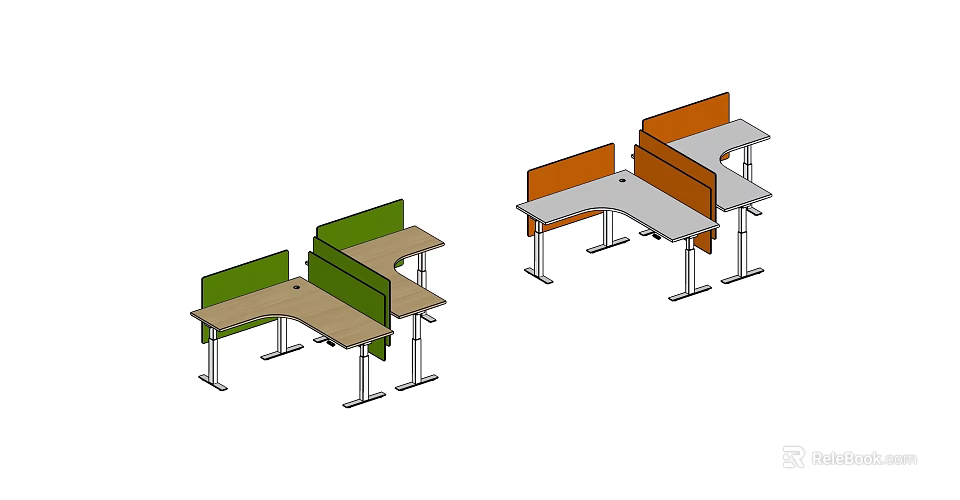 Modern Modular Office Desks With L Shaped Design Green Orange Partition Panels 3d model 