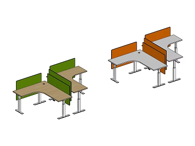 Modern Modular Office Desks With L Shaped Design Green Orange Partition Panels 3d model