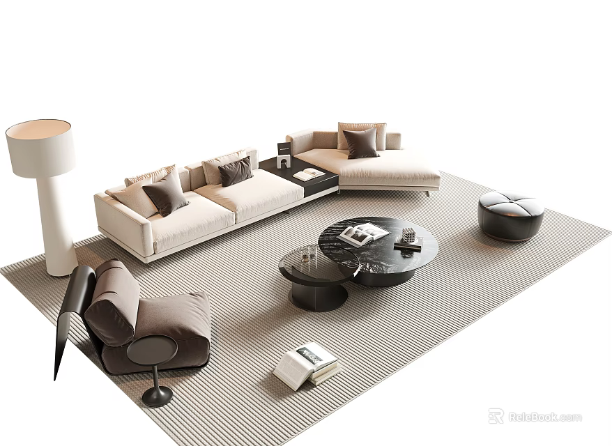 Modern Beige Sofa And Black Coffee Table Set With Pillows Accent Chair And Rug 3d model 