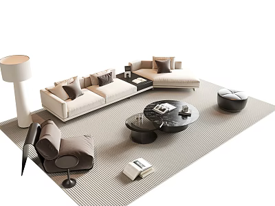 Modern Beige Sofa And Black Coffee Table Set With Pillows Accent Chair And Rug 3d model