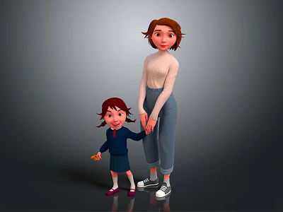 Woman And Young Girl Holding Hands With Carrot In Childs Hand 3d model