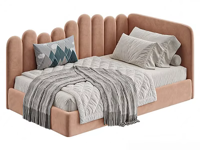Modern Soft Pink Velvet Upholstered Children Bed With Stylish Scalloped Headboard For Comfortable Kids Bedroom 3d model