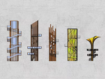 Modern Roadside Facilities With Various Decorative Pillars And Street Lamp Designs 3d model