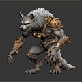 White Fur Wolf Like Creature 3D Model With Orange Mechanical Armor In Crouching Pose
