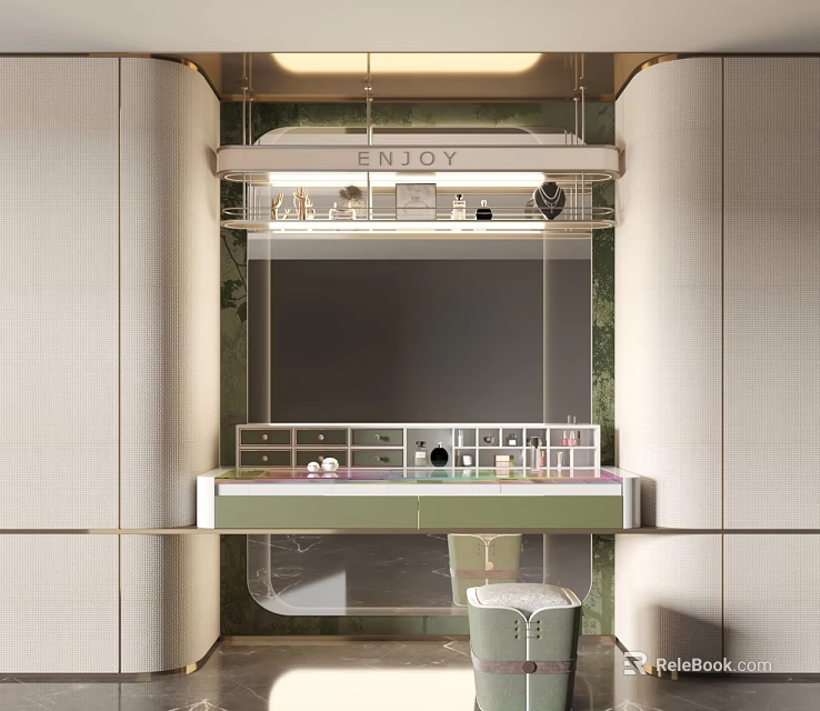 Modern Dressing Table With Mirror Lighting And Cosmetic Storage On Green Countertop 3d model 