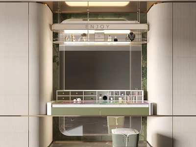 Modern Dressing Table With Mirror Lighting And Cosmetic Storage On Green Countertop 3d model