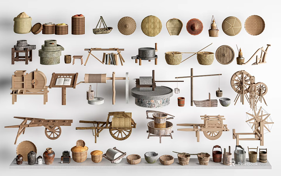 Traditional Rustic Garden Ornaments With Baskets Clay Pots Wheelbarrows And Woven Items 3d model 
