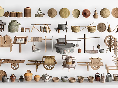 Traditional Rustic Garden Ornaments With Baskets Clay Pots Wheelbarrows And Woven Items 3d model