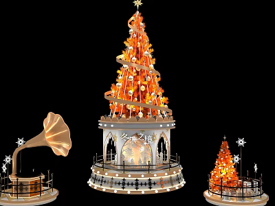 Festive Christmas Decorations Featuring Large Ornamental Tree Phonograph And Small Tree 3d model