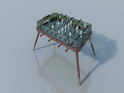 Classic Foosball Table With Green Surface White Players And Brown Wooden Legs 3d model
