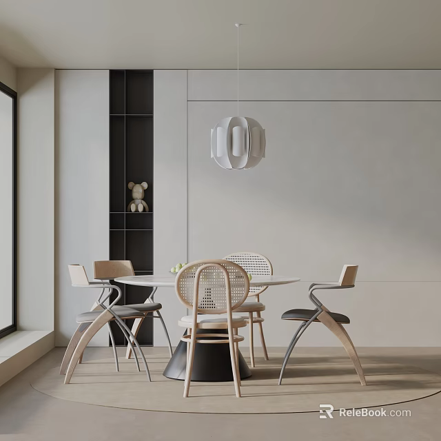 Modern Dining Table Set With Round Table Rattan Chairs And Pendant Light 3d model