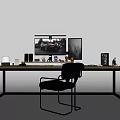 Modern Wooden Desk With Black Metal Frame Dual Monitors Lamp And Gray Chair