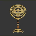 Golden Decorative Armillary Sphere With Brown Marble Base And Ornate Details
