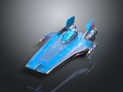 Futuristic Blue Winged Sci Fi Spaceship With Transparent Cockpit And Metallic Thrusters 3d model
