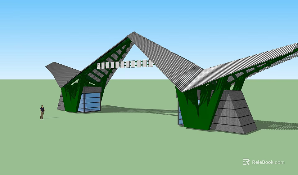 Modern Architectural Gate With Green Gray Structure Sloped Roof And Glass Panels 3d model 