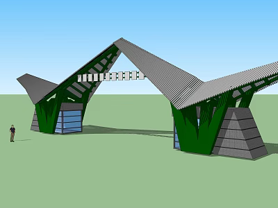 Modern Architectural Gate With Green Gray Structure Sloped Roof And Glass Panels 3d model