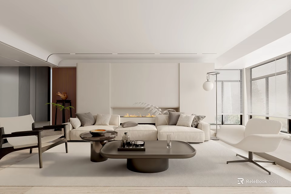 Modern Living Room Interior With White Sofa Coffee Table Fireplace And Floor Lamp 3d model 