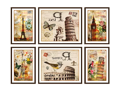 Vintage Decorative Landscape Paintings with European Landmarks Butterfly Bird Stamps and Flowers 3d model
