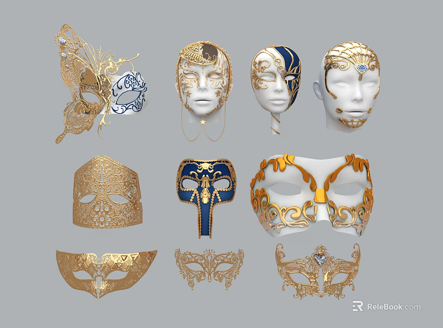 Ornate Venetian Masks With Golden Decorations Blue Patterns Butterfly Designs And Intricate Styles 3d model 